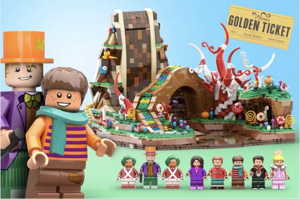 Image of LEGO Ideas Willy Wonka set rendering, showing a chocolate waterfall and river, a variety of whimsical candy plants, and numerous minifigures